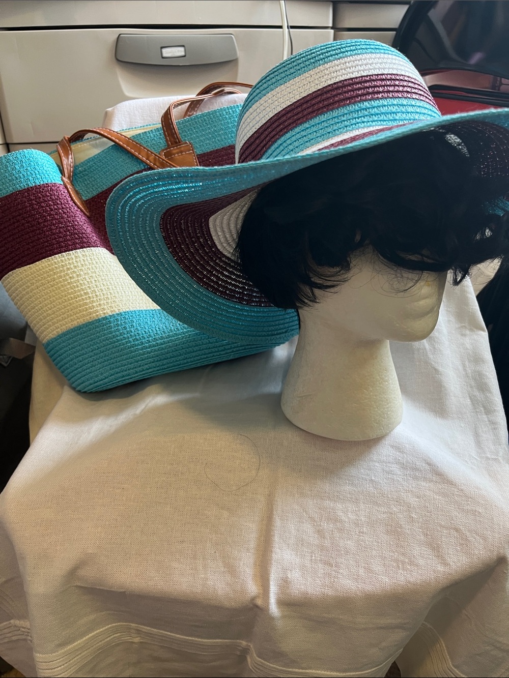 Beautiful Wide-Brim Sun Hat in Teal, White & Burgundy with Matching Tote